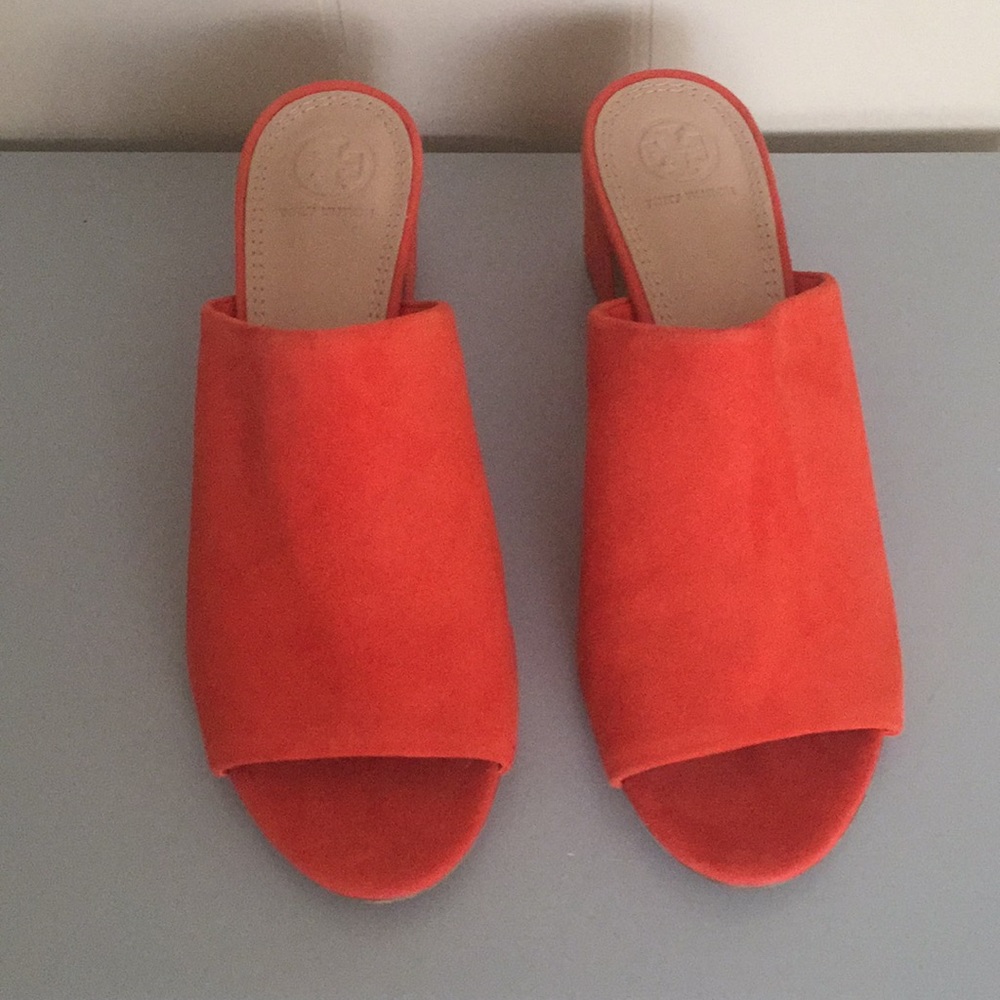 Tory Burch Orange Suede Salinas Mules Size 8